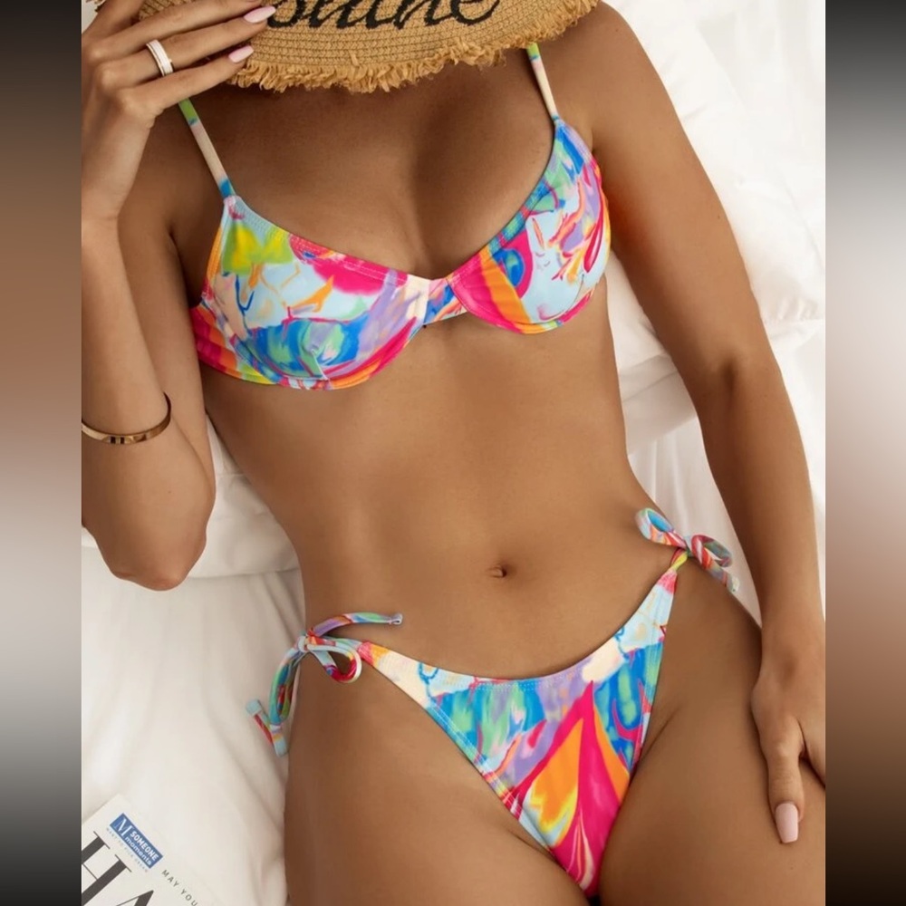 90s Style Y2K Push-Up Bikini Bra Style Top & Toe String Bottoms Neon Colors L